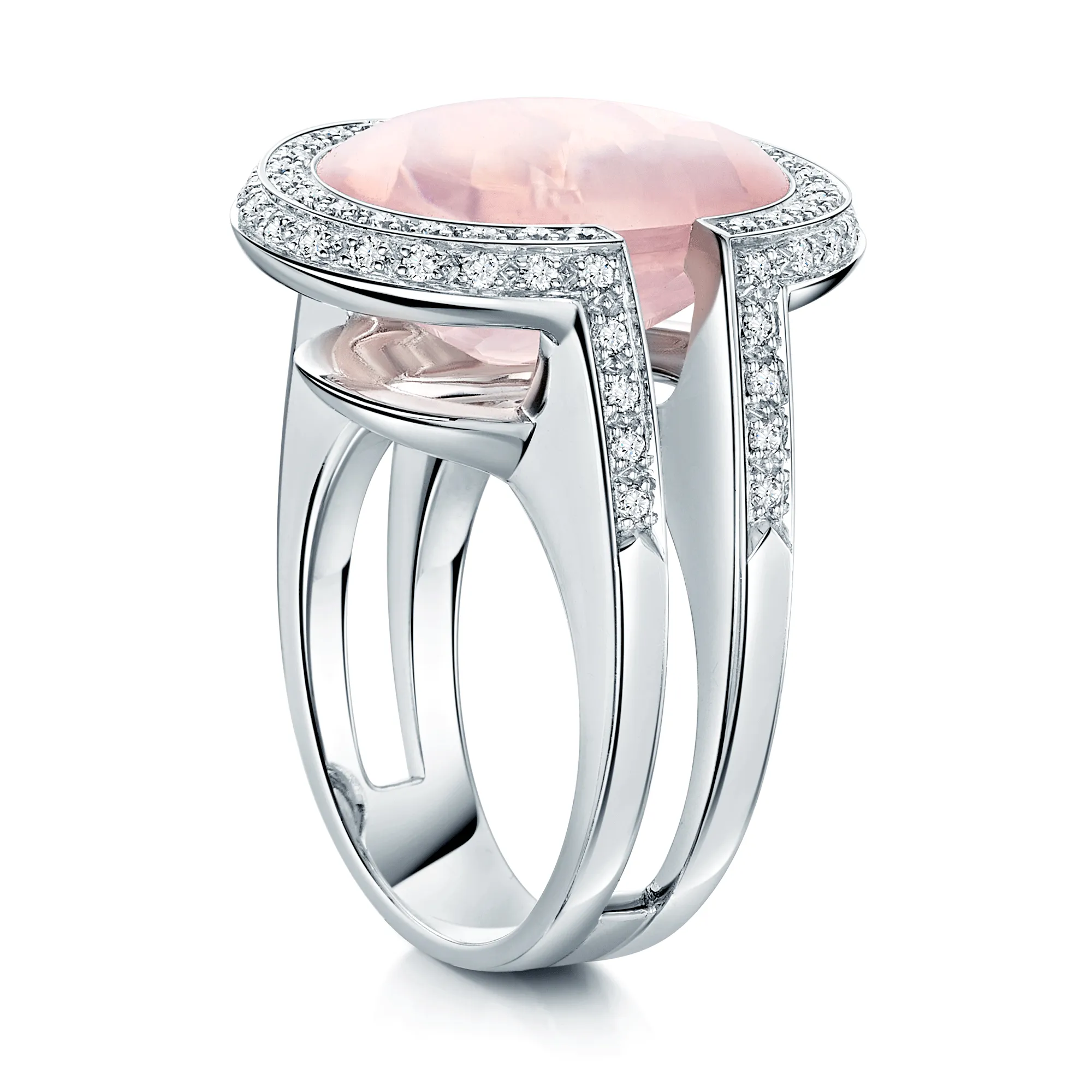 18ct White Gold Oval Cabochon Rose Quartz Dress Ring With Split Diamond Shoulders