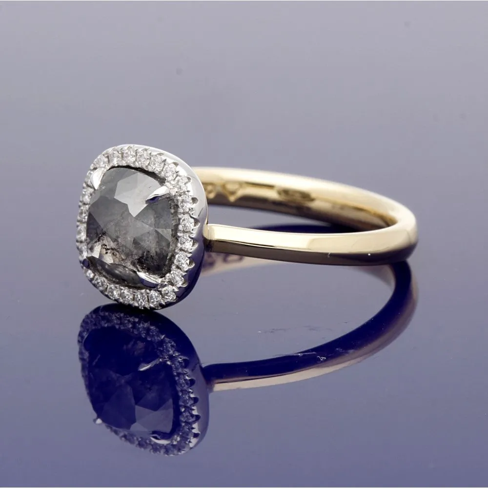 18ct Yellow Gold Diamond Halo Ring with 1.89ct Cushion Cut Salt & Pepper Diamond