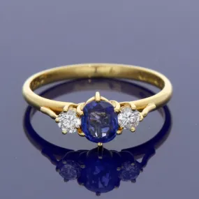 18ct Yellow Gold Synthetic Sapphire & Diamond Trilogy Ring