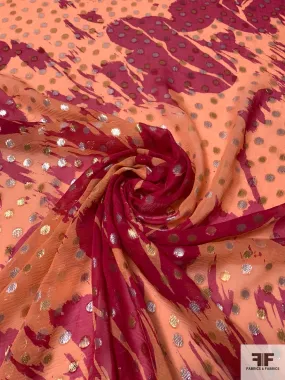 Abstract Printed Crinkled Silk Chiffon with Lurex Dots - Raspberry / Salmon Orange / Silver / Gold