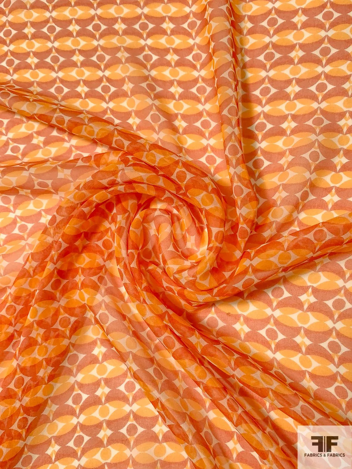 Art Deco Circles Printed Silk Chiffon - Burnt Orange / Tangerine