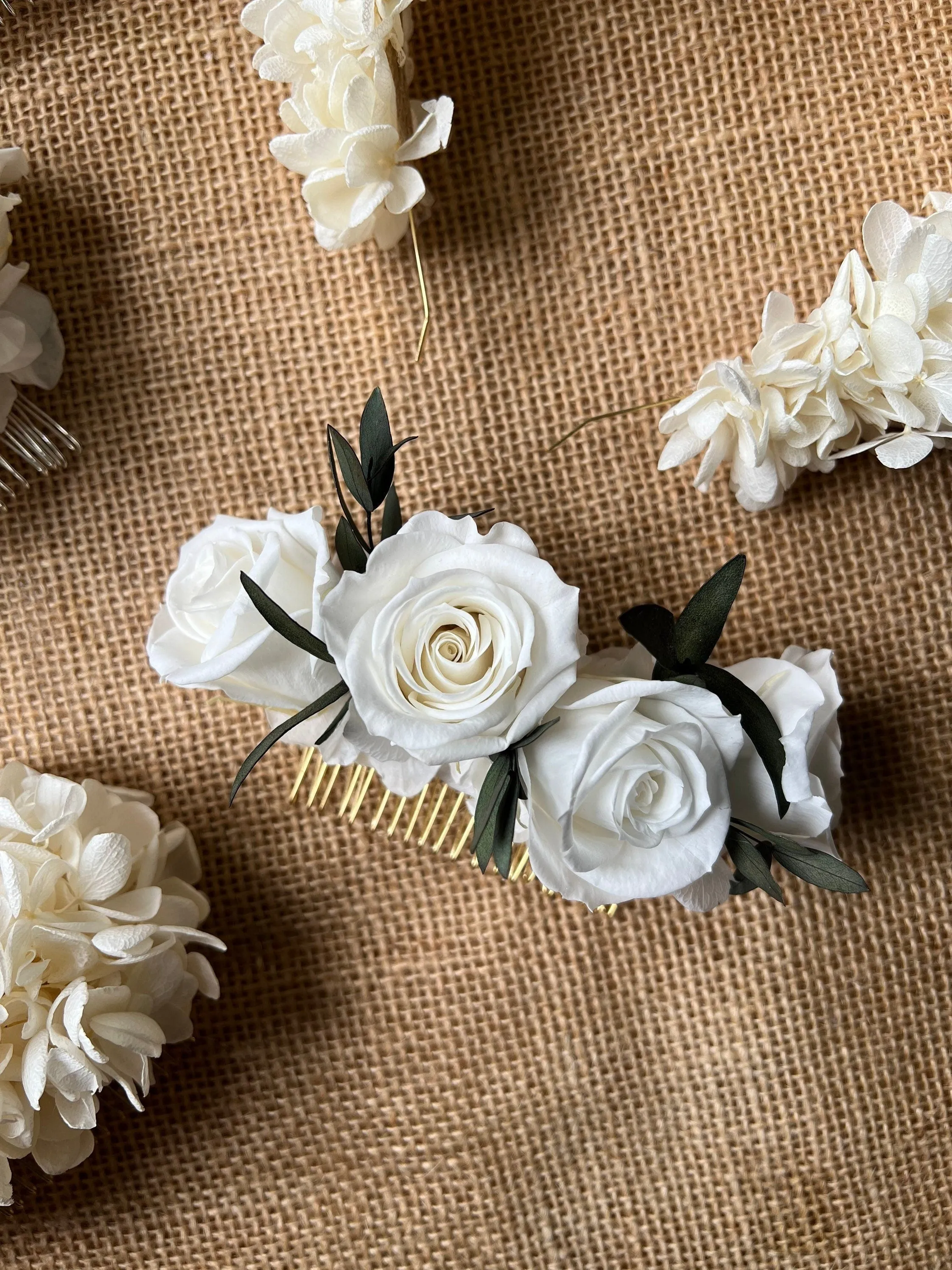 Boho White Rose And Eucalyptus Wedding Hair Comb, White and Green Olive Leaves Flower Comb, Rustic Bridal Wedding Accessories Silver Gold UK