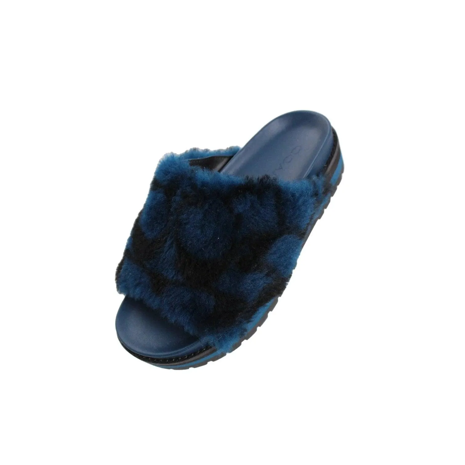 COACH Blue Monogram Fuzzy Platform Slides