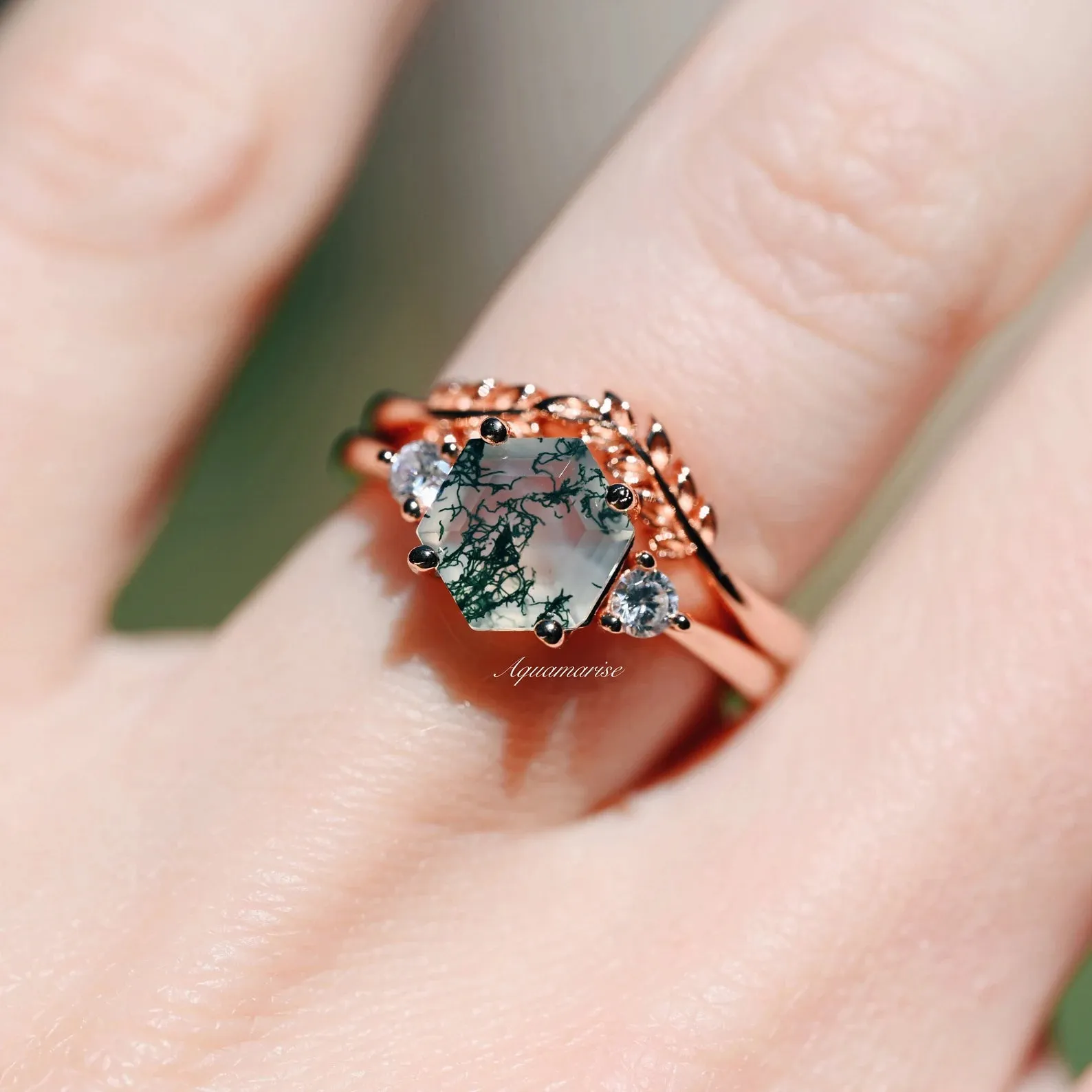 Natural Hexagon Moss Agate Engagement Ring Set- 14K Rose Gold Vermeil