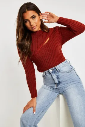 Rust Chest Cut Out Knit Jumper - Heather